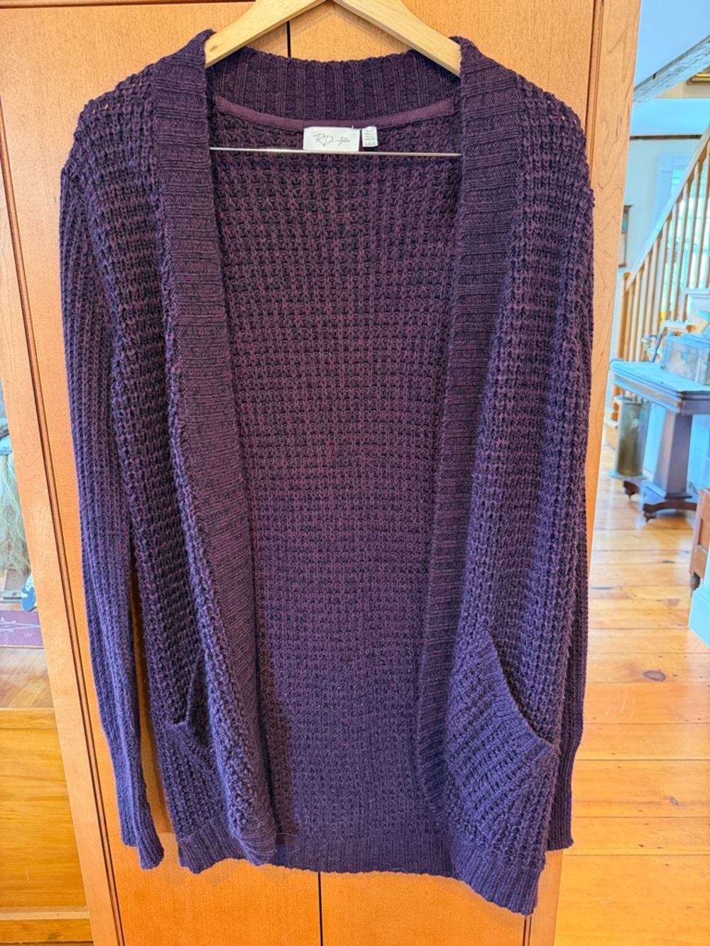RD Style Brand, Open-Front Waffle-Knit Cardigan in Deep Purple size L